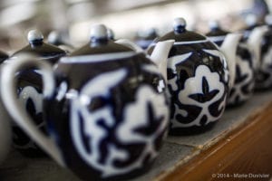 Samarkand market, tea pots with cotton flower pattern