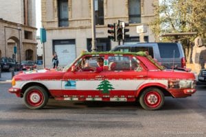Beirut, decorated car with Lebanon flag design